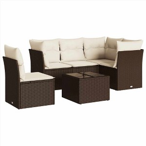 vidaXL 6 Piece Patio Sofa Set with Cushions Brown Poly Rattan - Brown and Cream With Table - 1 of 4