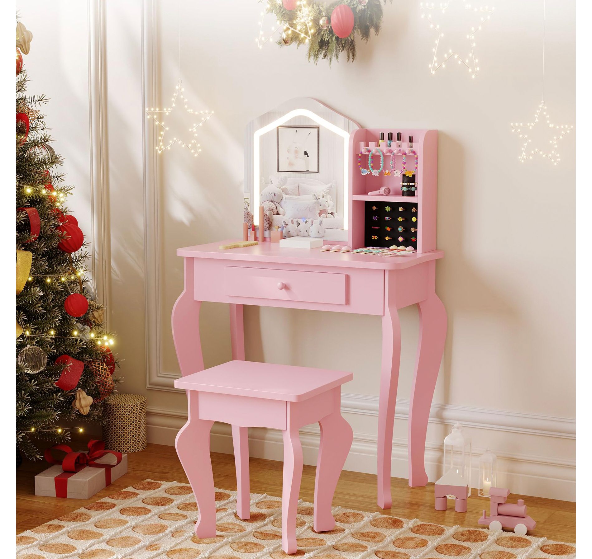 Kids Vanity with Lighted Mirror, Little Girl Vanity and Stool, Toddler Makeup Table Set and Makeup Playset for 3-8 Girls