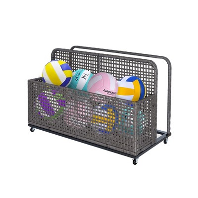 Premium Wicker Poolside Storage Organizer with Wheels – Large Outdoor Basket for Pool Floats, Toys & Towels – Weather-Resistant PE Rattan，gray