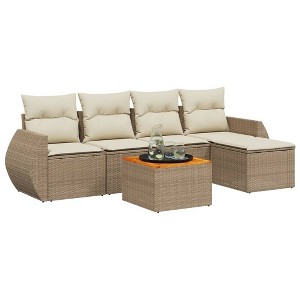 vidaXL Patio Sofa Set with Cushions Outdoor Furniture 6 Piece Poly Rattan - Beige and Cream - 1 of 4