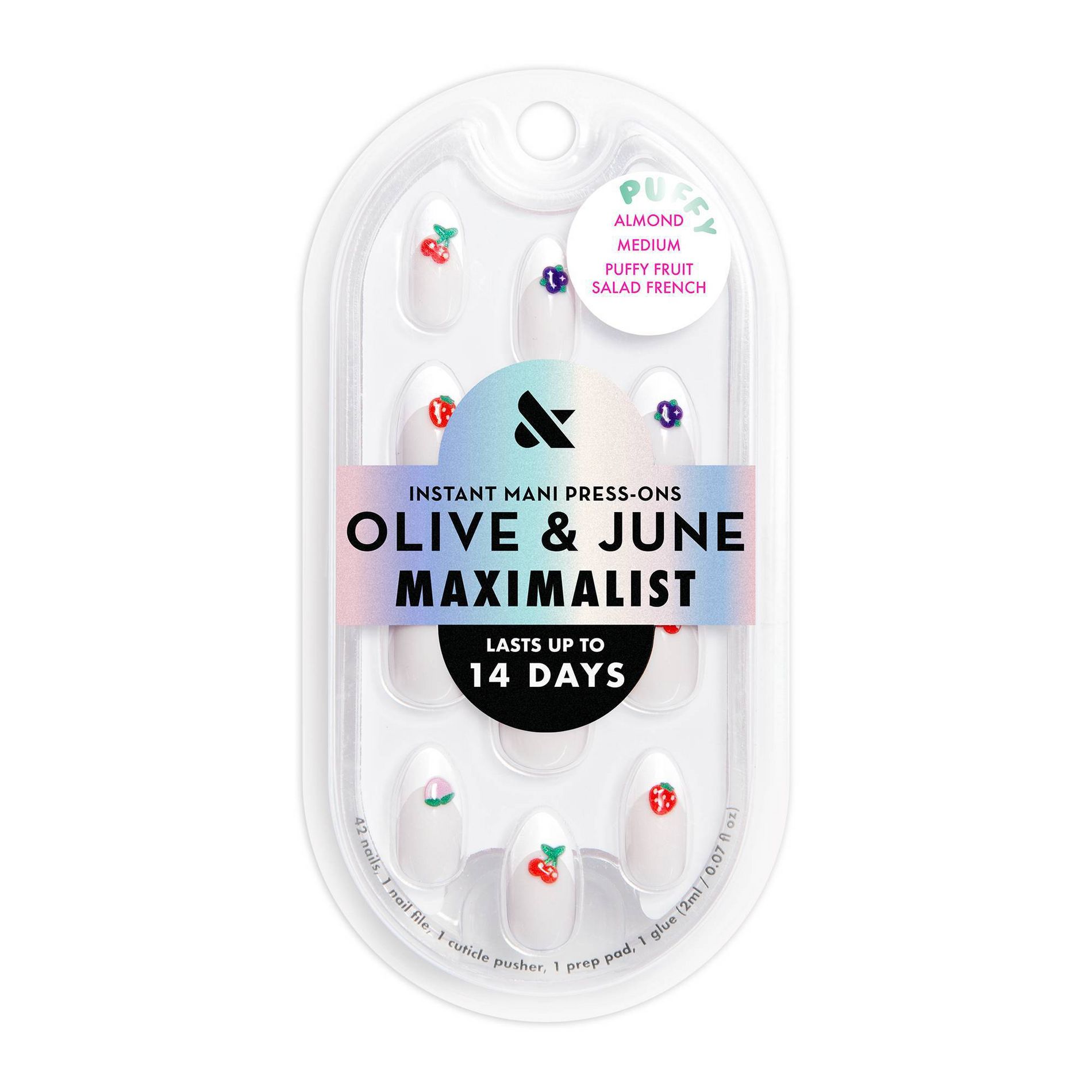 Olive & June Press-On Fake Nails - Maximalist - M Almond - Puffy Fruit Salad - 42ct: Gloss Finish, 90% Recycled Material