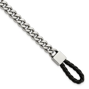 Chisel Stainless Steel Polished Curb Chain with Black Braided Leather Hook 8.25" Bracelet - 1 of 4