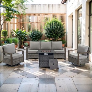 Gymojoy 4/6PCS 50000 BTU Gas Firepit Table with Outdoor 3-Seat Sofa Swivel Chair Ottoman Set - 1 of 4