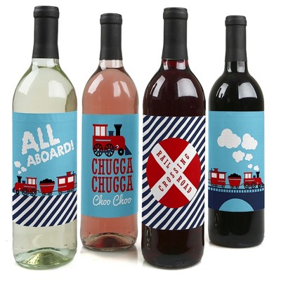 Big Dot of Happiness Railroad Party Crossing - Steam Train Birthday Party or Baby Shower Decor for Women & Men - Wine Bottle Label Stickers - Set of 4