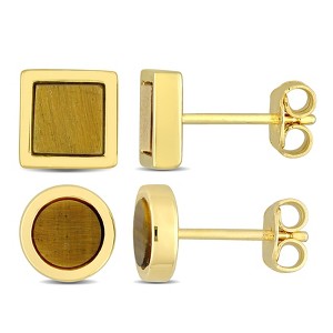 EVERLY JEWELRY | Men's Yellow Plated Sterling Silver 1 5/8ct TGW Square and Round Brown Onyx Stud Earrings - 1 of 4
