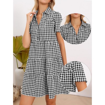 Женские платья INSPIRE CHIC Women's Gingham Vintage V Neck Short Sleeve Button Front Swing Tiered Mini Dresses Small Black — фото 3