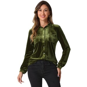 INSPIRE CHIC Women's Pocket Front Velvet Long Sleeve Casual Button Down Shirt - 1 of 4