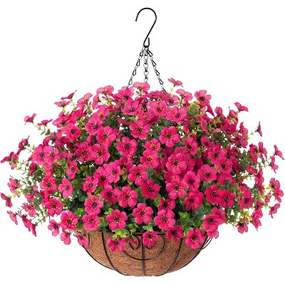 Artificial Faux Hanging Plants Flowers Basket for autumn Outdoor Outside Decoration, Fake Silk UV Sun Resistant Look Real Colorful Daisy Eucalyptus