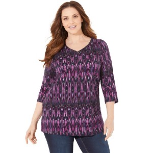 Catherines Women's Plus Size Petite Suprema 3/4 Sleeve V-Neck Tee - 1 of 4