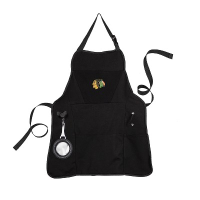 Evergreen Chicago Blackhawks Black Grill Apron- 26 x 30 Inches Durable Cotton with Tool Pockets and Beverage Holder