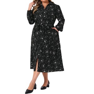 Women's Plus Size Floral Pattern V Neck Long Sleeve Front Slit Pockets Flowy Casual Midi Dress with Belted - Agnes Orinda - 1 of 4