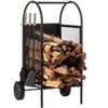 Gardenised Indoor and Outdoor Patio Iron Firewood Log Cart with Wheels and Fireplace Tool Set, Black - 2 of 4