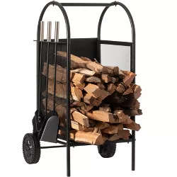 Gardenised Indoor and Outdoor Patio Iron Firewood Log Cart with Wheels and Fireplace Tool Set, Black