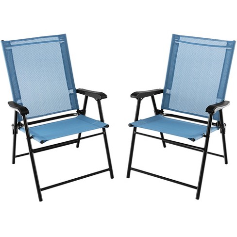 Tangkula Set of 2 Patio Folding Chairs Outdoor Portable Pack Lawn Chairs w Armrests Blue