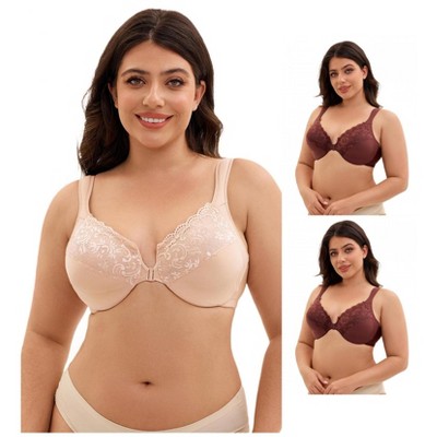 INSPIRE CHIC 3 Pcs Women's Front Closure Lace Trim Underwire Adjustable Straps Plunge Bras