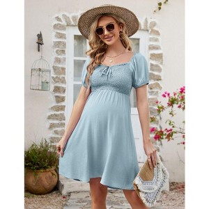 Coolmee Women Maternity Square Neck Smocked Chest Drawstring Puff Short Sleeve A-Line Dress - 1 of 4