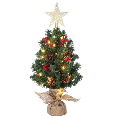 Artificial Christmas Tree with Stand, Mini Holiday Tabletop Decor with Pinecones and Berries for Home Office, Green