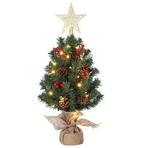 Artificial Christmas Tree with Stand, Mini Holiday Tabletop Decor with Pinecones and Berries for Home Office, Green - 1 of 4