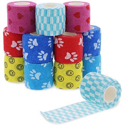 Juvale 12 Pack Self Adhesive Bandage Wraps, Cohesive Tape, in 6 Colors and Patterns, 2 In x 5 Yard