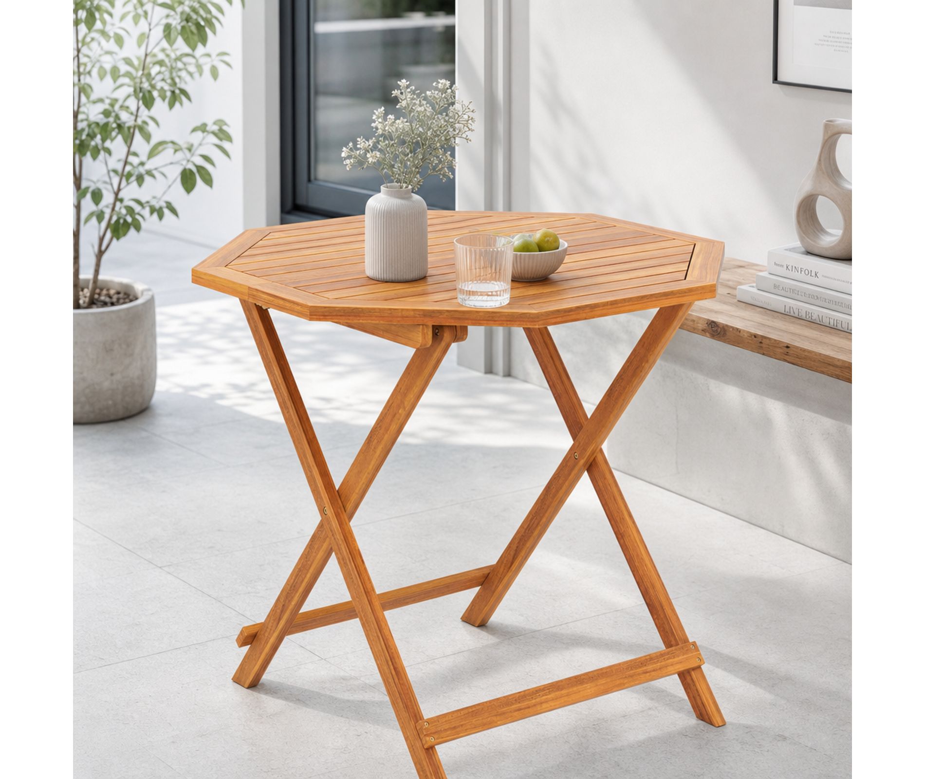 37.5-Inch Acacia Wood Octagonal Folding Outdoor Patio Dining Table for 4, Natural