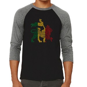LA Pop Art Men's Raglan Baseball Word Art T-shirt - Rasta Lion - One Love - 1 of 4
