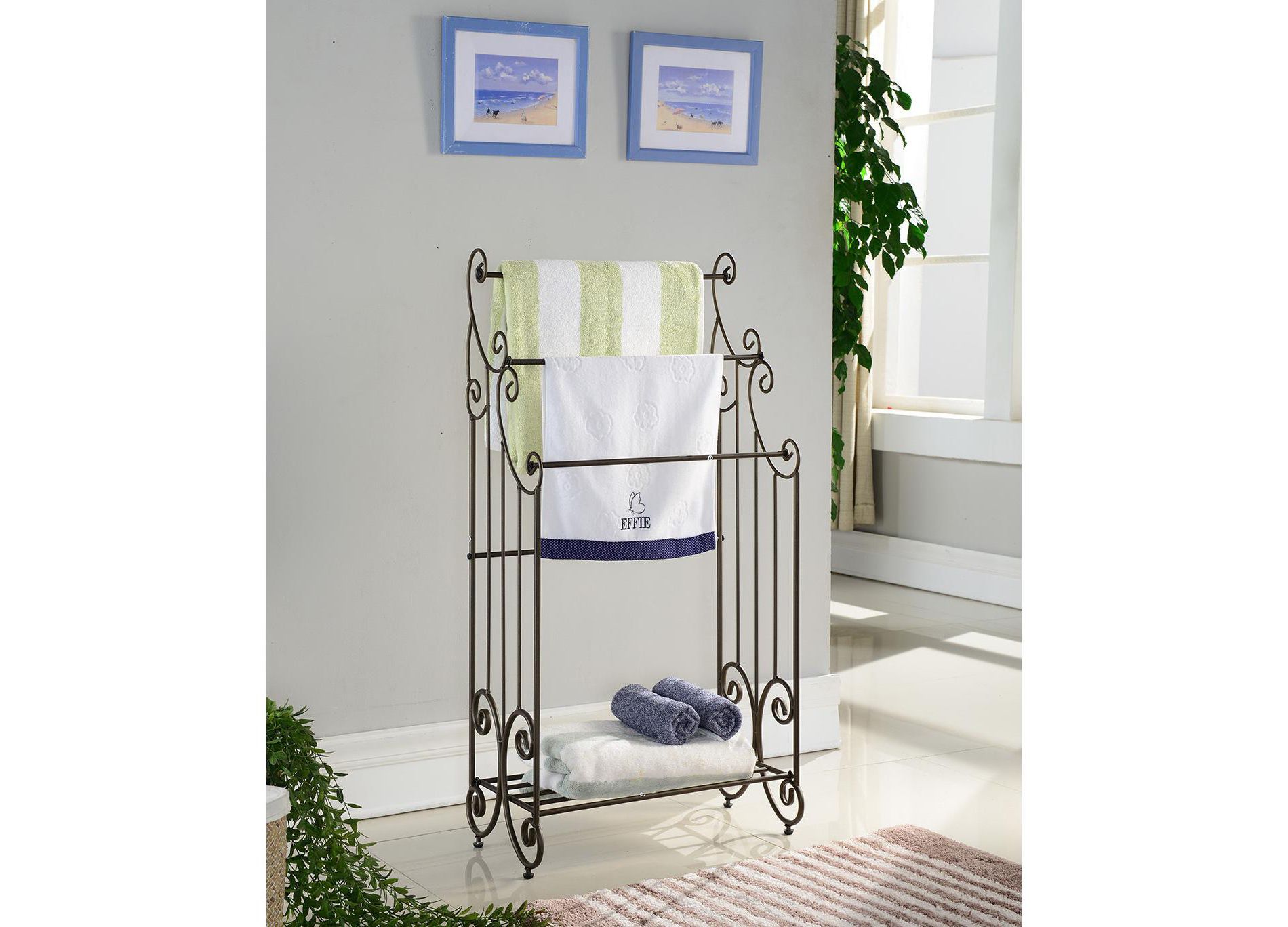 Kings Brand Furniture Pewter Metal Towel Rack with Storage Shelf – 3 Long, Sturdy Bars for Bathroom, Kitchen, or Laundry Room Organization