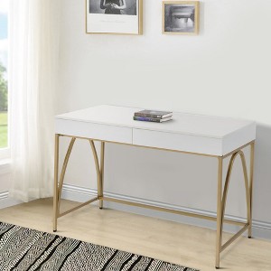 Royal Hampton Wooden Frame Desk with 2 Drawers and Metal Legs, White and Gold - 1 of 4