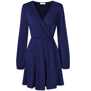 Womens Dress Surplice Dress V Neck Dress Smocked Waist Dress Casual Mini Dress Peplum Wasit Dress - 1 of 4