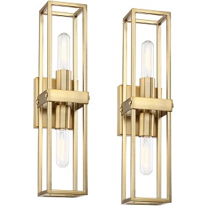 Possini Euro Design Fabian Modern Wall Light Sconces Set of 2 Warm Brass Hardwired 4" 2-Light Fixture Open Rectangular Frame for Bedroom - 1 of 4