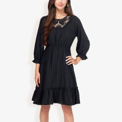 Anna-Kaci Women's Lace Detail Long Sleeve Ruffle Hem Fashion Dress