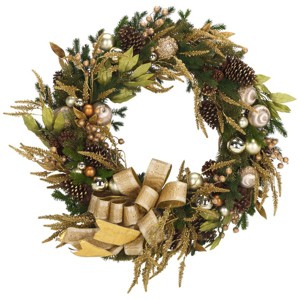 Golden Luxe 34"D Gilded Faux Pine Wreath W/ Ornaments, Ribbon & Pine Cones - FXP1097 -Multicolored - Safavieh - 1 of 4