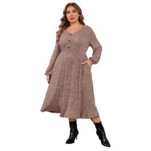Coolmee Womens Plus Size Casual Winter Maxi Dresses Long Sleeve V Neck Button Badydoll Knit Long Sweater Dress with Pockets - 1 of 1