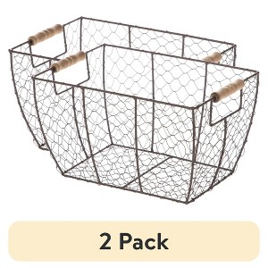Angel Sar 2Pcs Decorative Chicken Wire Basket, Brown Rustic Storage Basket with Wood Handles, 12.2x8x7.28 Inch - 1 of 4