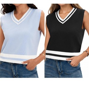 ATHLECHIC Women's Summer Knit Color Block Sleeveless V Neck Loose Fit Preppy Trendy Tank Tops 2 Packs - 1 of 4