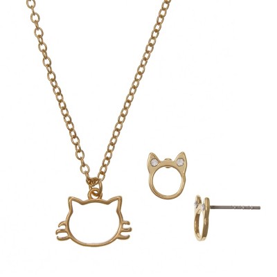 FAO Schwarz Fine Silver Plated Gold Tone Open Cat Pendant and Stud Earring Set