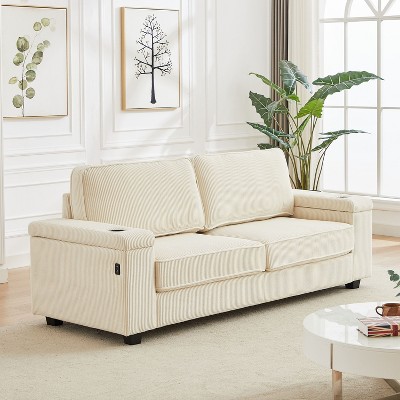 VASIP Corduroy 86.5" Modern 3-Seater Sofa with Storage & Charging Station - Deep Seat Couch for Living Room, USB/T-Pyce Ports & Cup Holders