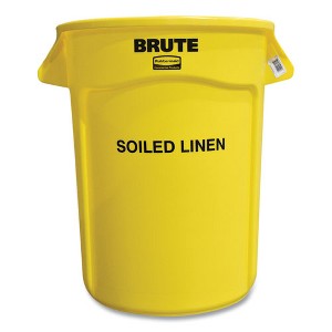 Rubbermaid Commercial Vented Round Brute Container, "Soiled Linen" Imprint, 32 gal, Plastic, Yellow - 1 of 2