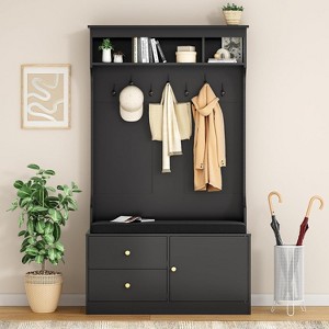 SEVOBAL Freestanding Coat Racks Hall Tree with Storage Bench and Storage, Entryway Organizer with 7 Hooks for Farm Lovers, Black, 70.9"*40.1"*19.7" - 1 of 4