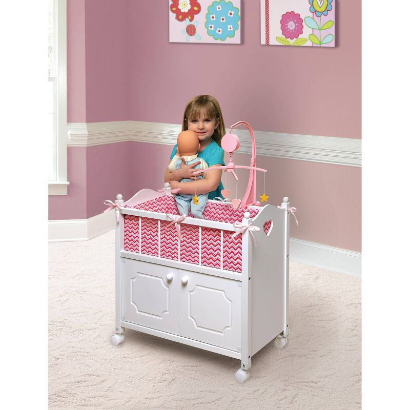 Badger Basket Cabinet Doll Crib with Chevron Bedding and Free Personalization Kit - White/Pink, 3 of 7