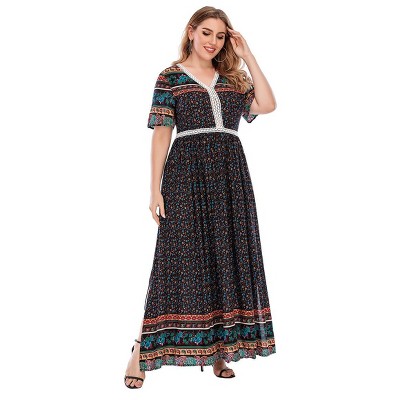 Womens Plus Size V Neck Casual Maxi Dress Ruffle Short Sleeves Boho Summer Printed Floral Long Dress