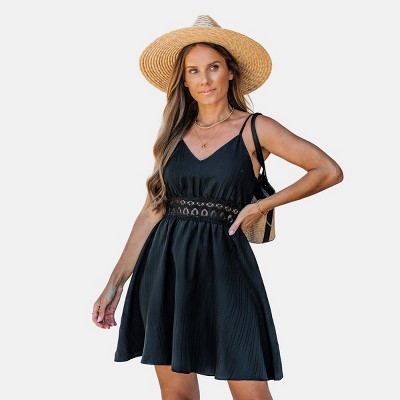 Women's Chic Embellished Eyelet Waist Black Sundress - Cupshe