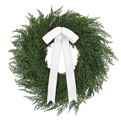 Puleo 22" Artificial PE Cypress Christmas Wreath with White and Silver Bow