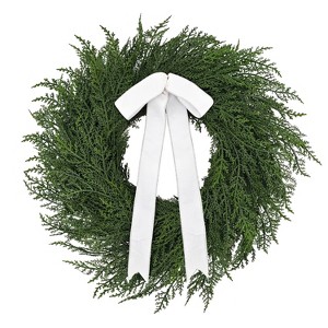 Puleo 22" Artificial PE Cypress Christmas Wreath with White and Silver Bow - 1 of 4