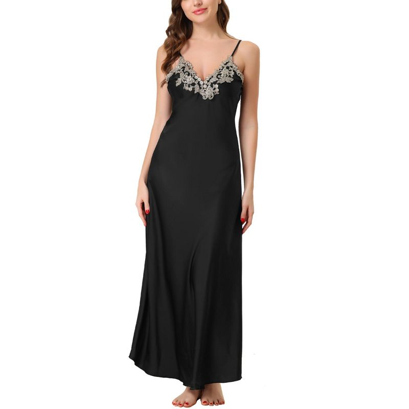 cheibear Womens Satin Sleeveless Nigthgown Lace Trim Sleep Dress Sleepwear Pajama Dress, 1 of 6