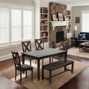 6-Piece Dining Table Set with Bench and 4 Chairs, Modern Farmhouse Style, Brown Wood Dining Room Set for Kitchen or Home (Brown Table and Chair Set) - 1 of 4