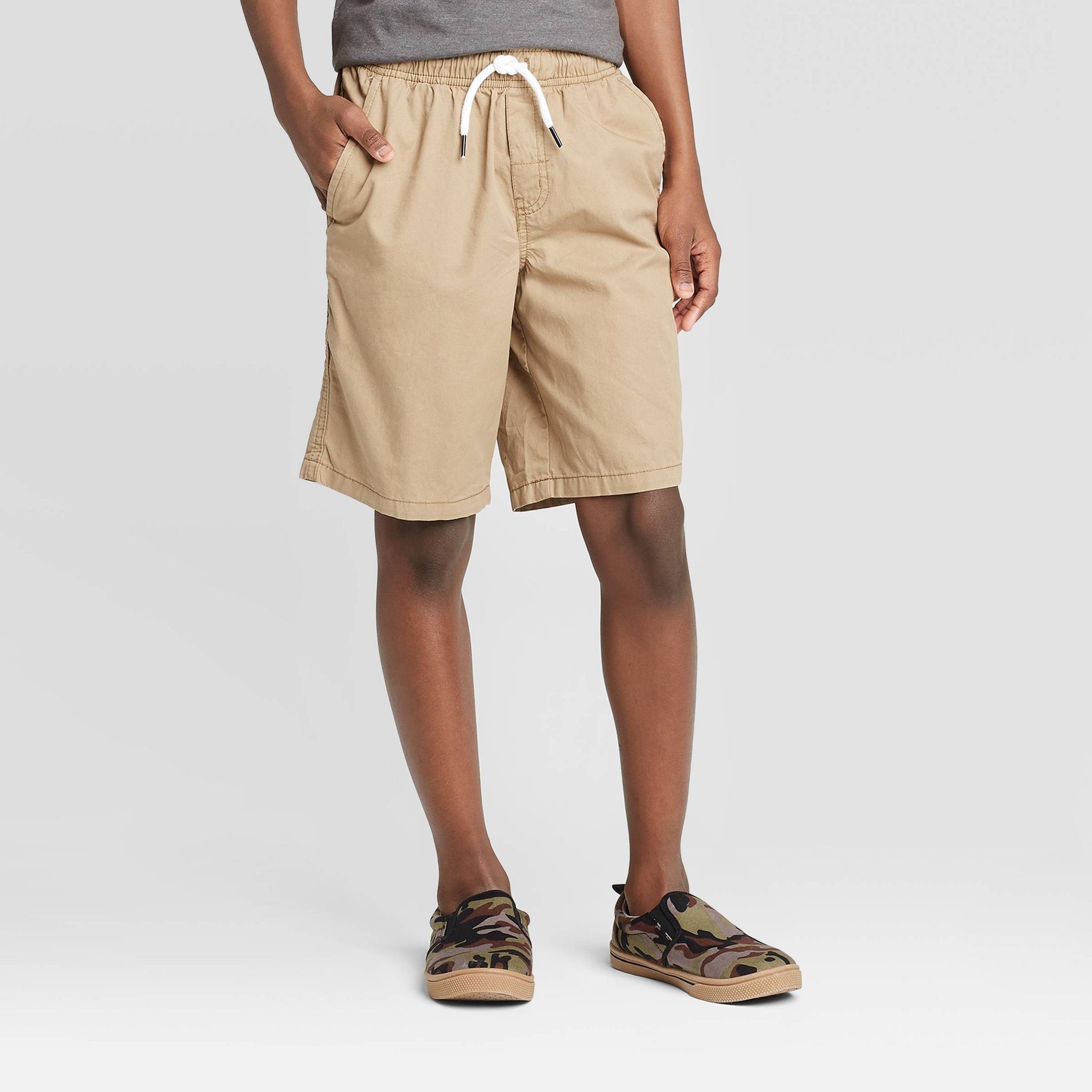 Boys' Playwear 'At the Knee' Pull-On Shorts - Cat & Jack™ Dark Khaki S: Cotton Twill, Side & Patch Pockets, Drawstring Waist