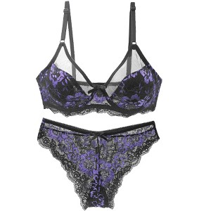 Agnes Orinda Women Plus Size Underwire Floral Lace Mesh Push-Up 2-Hook Lace Trim Bra and Panty Set - 1 of 4