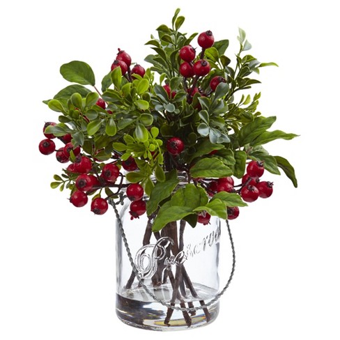 Set of 3 Iced Red Berry Boxwood Pick