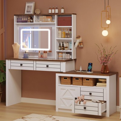 LED Vanity Desk with Mirror, 5 Drawers & 6 Shelves, Extendable Makeup Table w/ Power Outlet - for Bedroom