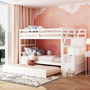 Streamdale Twin-Over-Twin Bunk Bed with Twin Size Trundle and 3 Storage Stairs, White - 1 of 4